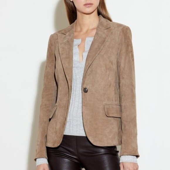 NWOT Susan Bender | US 8 | Suede Blazer Leather Jacket | Taupe Beige Tan - Picture 5 of 10